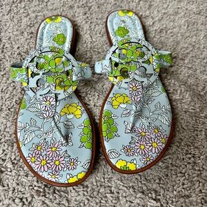 Tory Burch Miller Floral Blue Wallpaper Leather Sandals 7.5